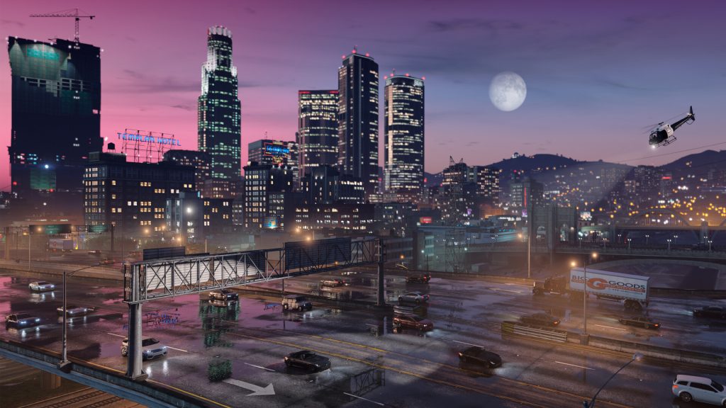 The downtown skyline at dusk with a helicopter flying past the towers