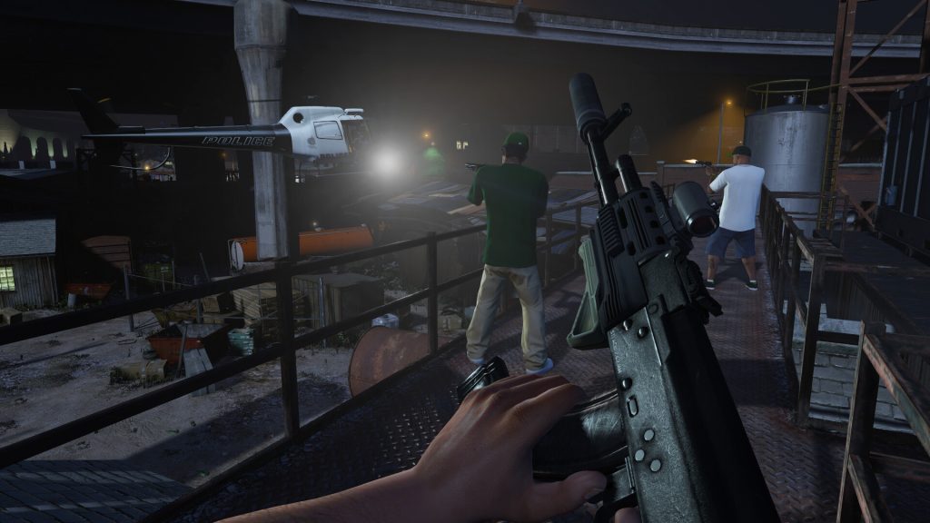 First-person view of a night shootout on a rooftop as a police helicopter shines its searchlight
