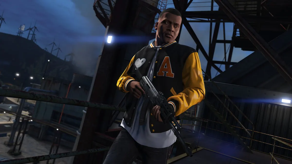 Franklin Clinton holding a baseball bat beside a chain-link fence in GTA V