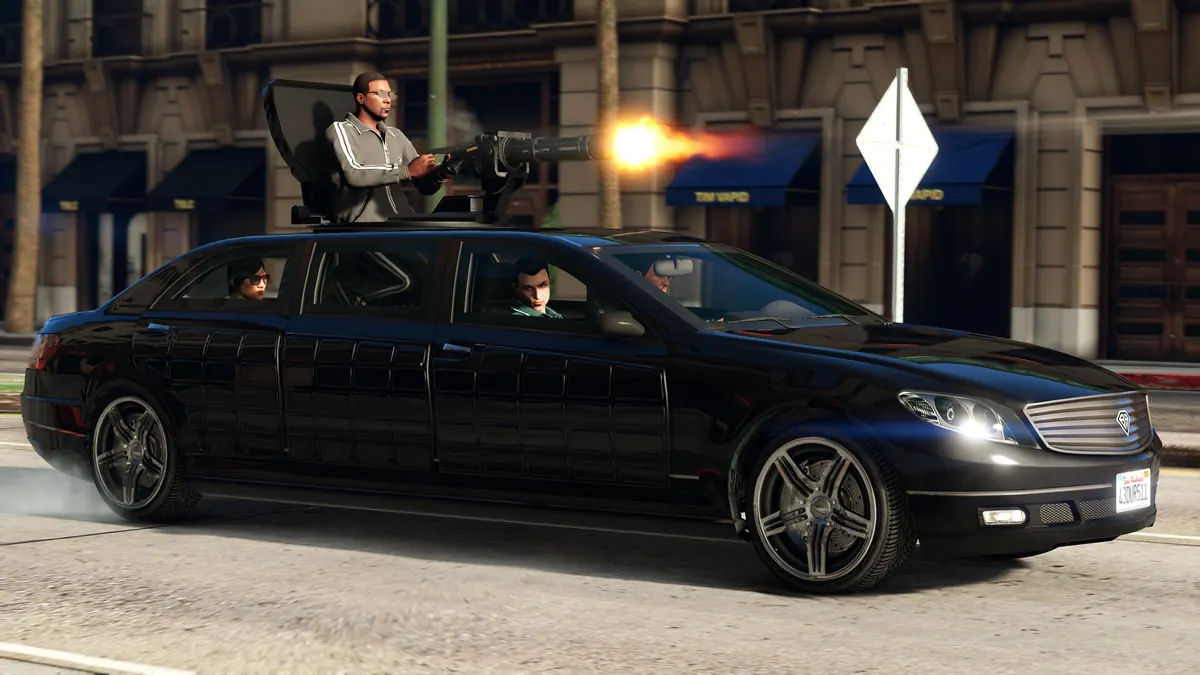 Gunman leaning out of a black limousine sunroof during a street shootout in GTA V