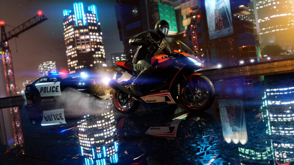 A police motorcycle pursuing a suspect through neon streets at night